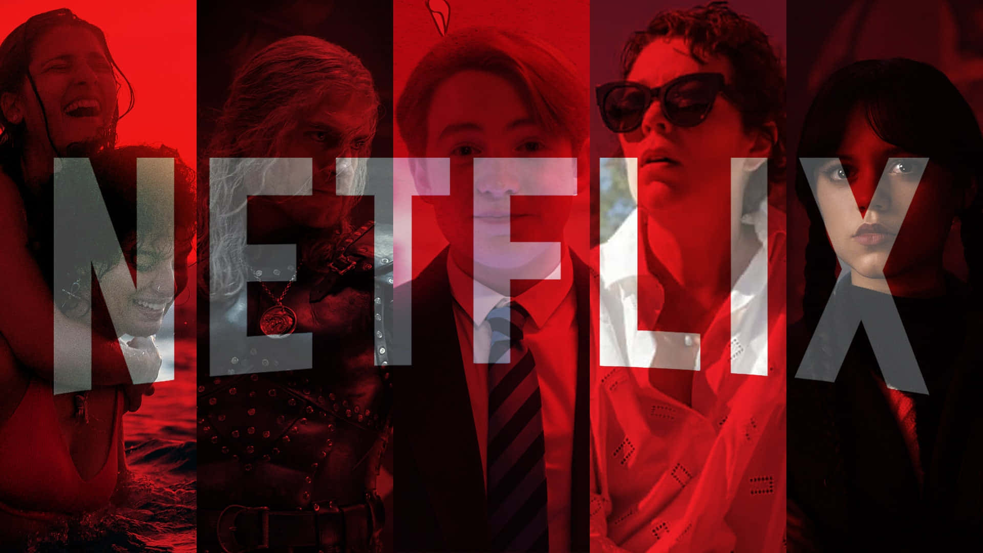 Netflix 桌布 壁紙 — 一幅大膽的紅色調拼貼畫，包含多種 Netflix 角色，並以半透明白色疊加標誌。