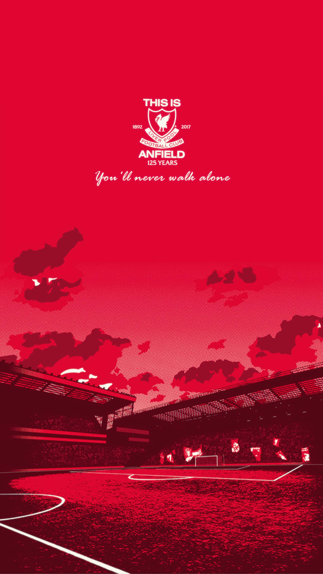 Liverpool iPhone 桌布 壁紙 — 一幅大膽的紅色風格化插圖，描繪了安菲爾德球場，帶有雲朵和會徽，慶祝125週年。