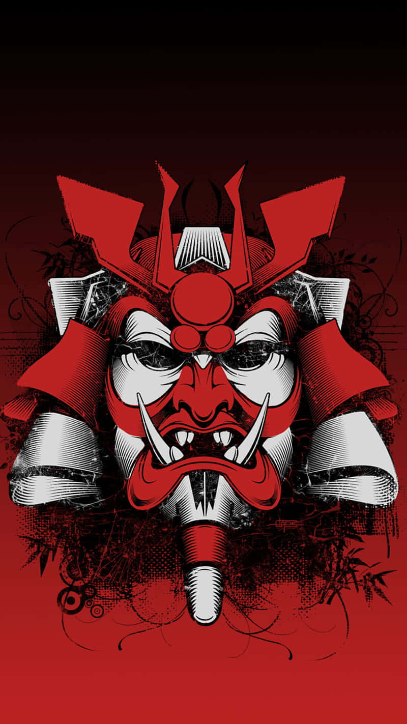 Samurai Helmet 桌布 壁紙 — 一幅大膽的紅黑插圖，描繪一個帶有鋒利牙齒和華麗頭盔的威嚇武士面具，背景為漸變色。