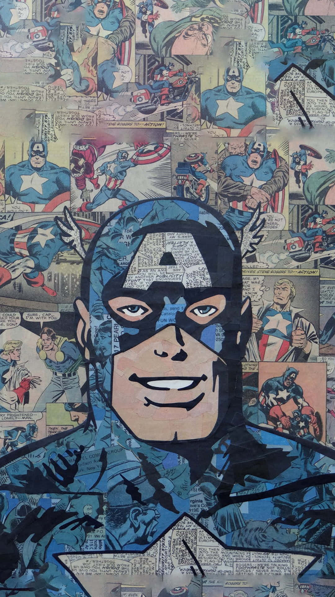 Retro Captain America 桌布 壁紙 — 一幅大膽的美國隊長臉部拼貼壁畫，由復古漫畫書面板組成，展現了他標誌性的星條旗制服和堅定的表情。