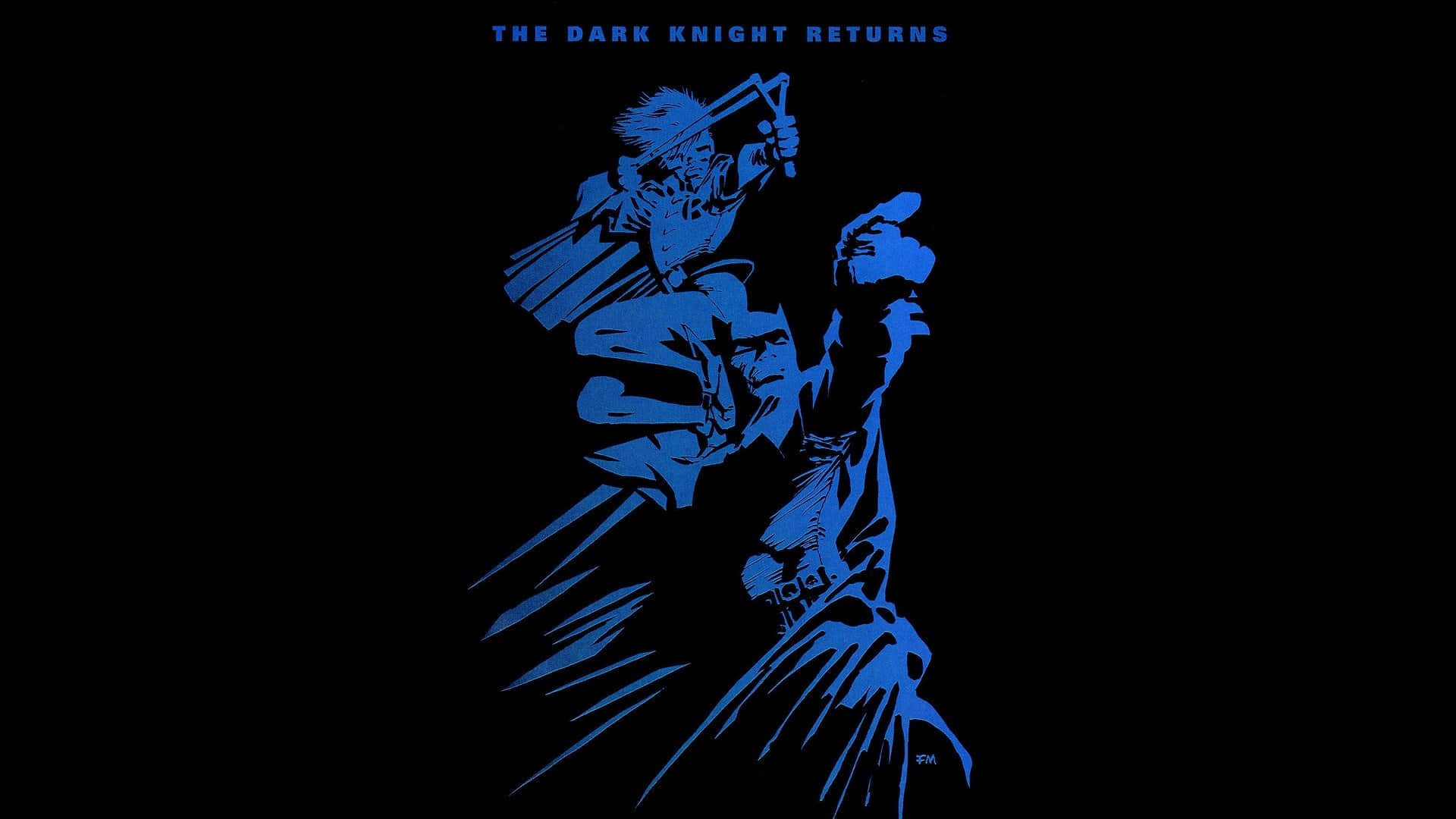 Batman The Dark Knight Returns 桌布 壁紙 — 一幅大膽的藍色漫畫插圖，描繪蝙蝠俠在純黑背景上擺出動態動作姿勢，並帶有標題文字。