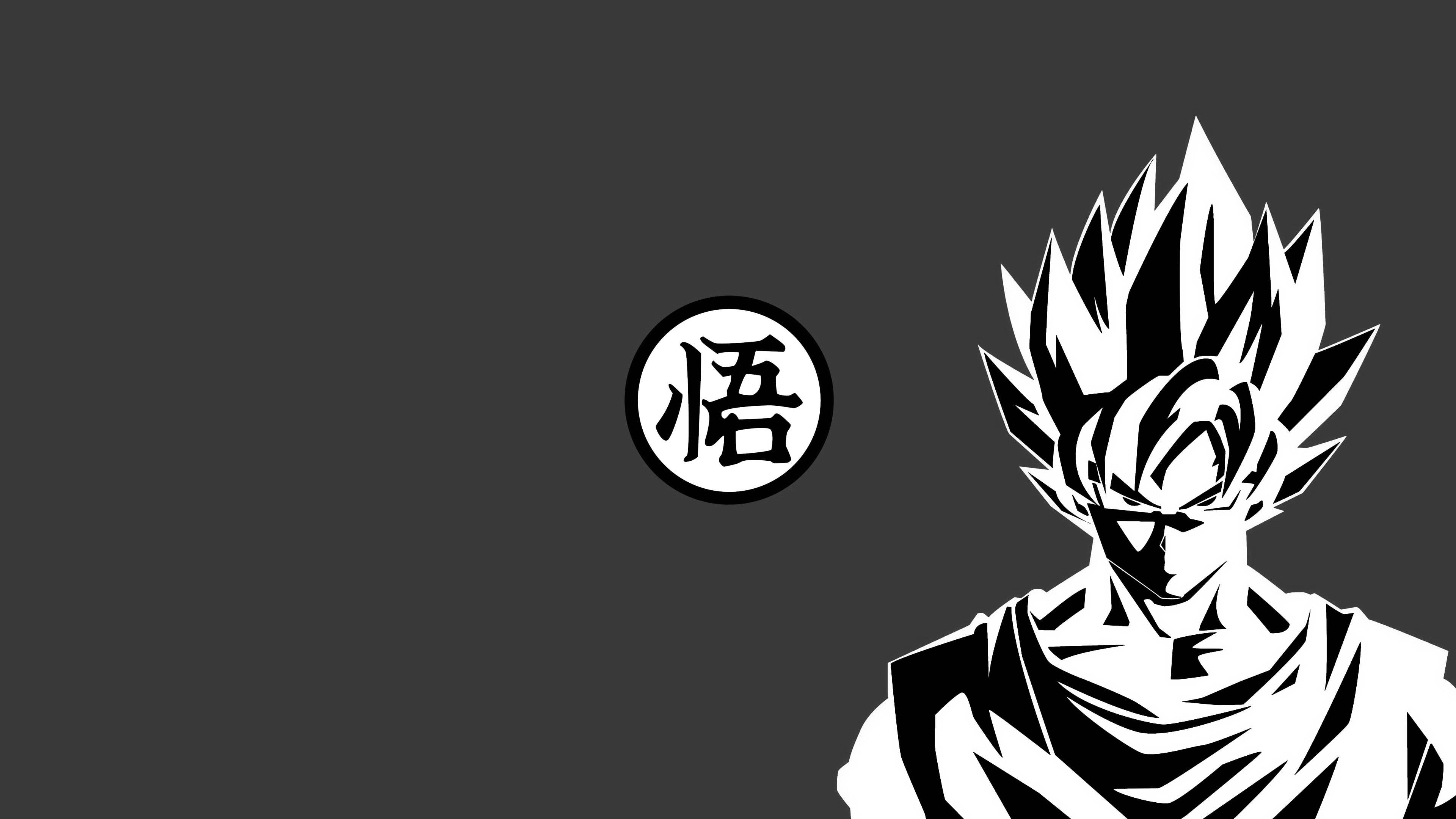 Goku Black And White 桌布 壁紙 — 一幅大膽的黑白動漫風格插圖，描繪一位頭髮尖刺的戰士，旁邊有一個漢字符號，背景為深灰色。