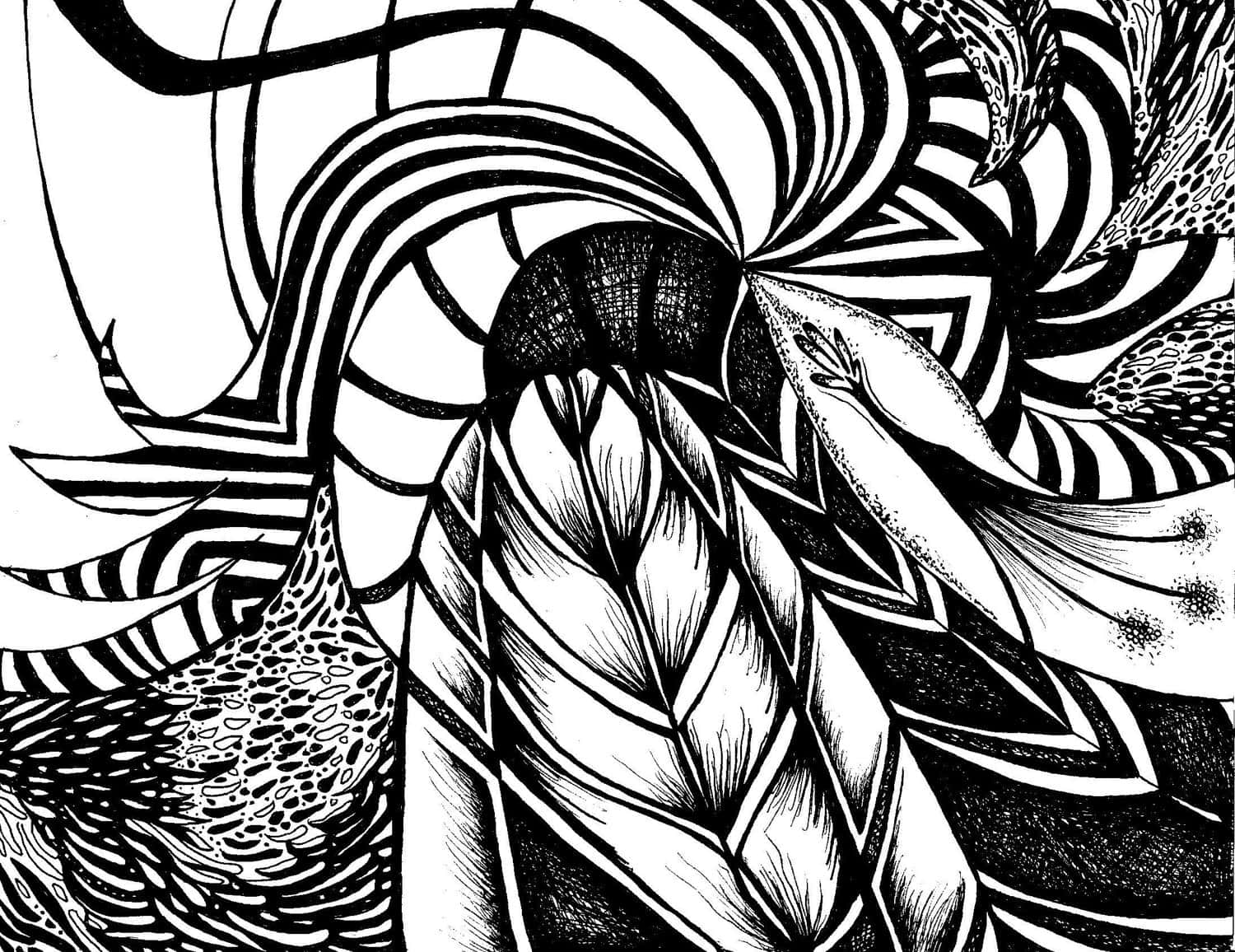 Black And White Abstract Art 桌布 壁紙 — 一幅大膽的黑白抽象插圖，以旋轉線條和紋理有機形狀創造出動態的視覺漩渦。
