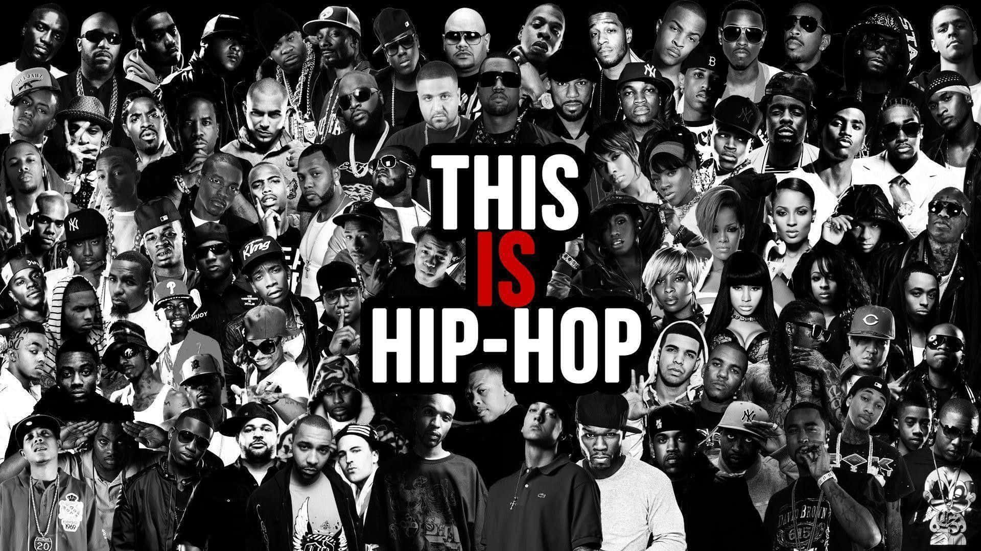 Hip Hop Rappers 桌布 壁紙 — 一幅大膽的黑白拼貼畫，以標誌性的嘻哈藝術家圍繞著「THIS IS HIP-HOP」字樣，採用醒目的紅色和白色。