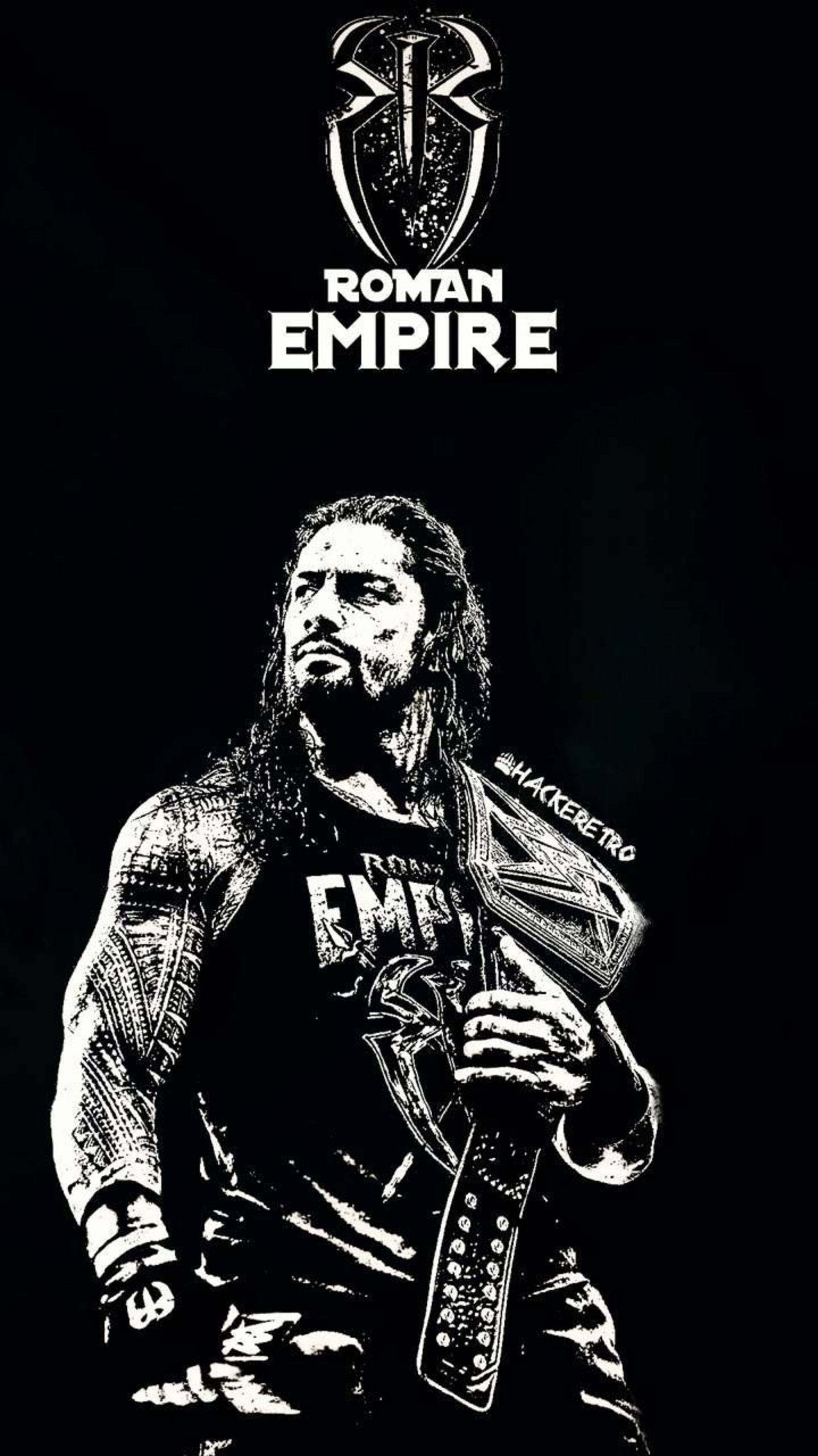 摔角 桌布 壁紙 — 一幅大膽的黑白插圖，描繪 Roman Reigns 在羅馬帝國標誌下手持冠軍腰帶。