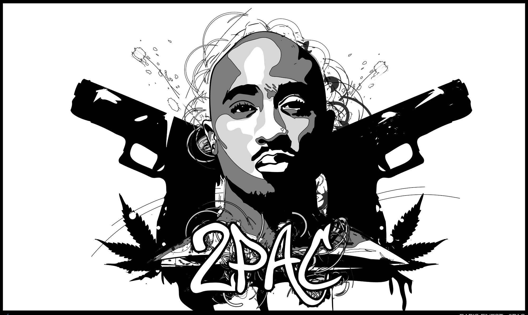 tupac 桌布 壁紙 — 一幅大膽的黑白插圖，描繪了2Pac，頭後交叉兩把手槍，名字下方有大麻葉。