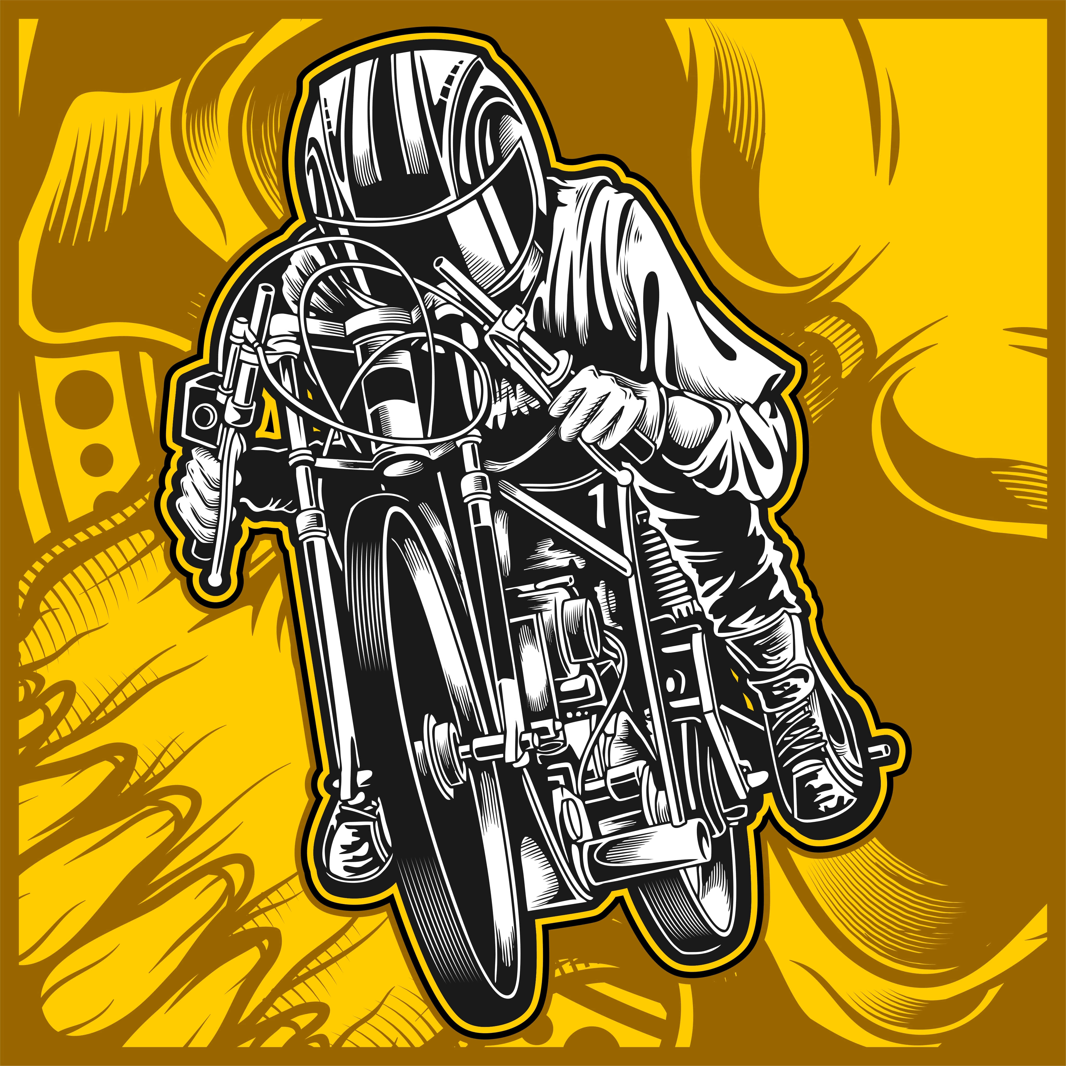 motorbike 桌布 壁紙 — 一幅大膽的黑白插圖，描繪摩托車手在充滿動感的黃色背景上傾斜入彎。