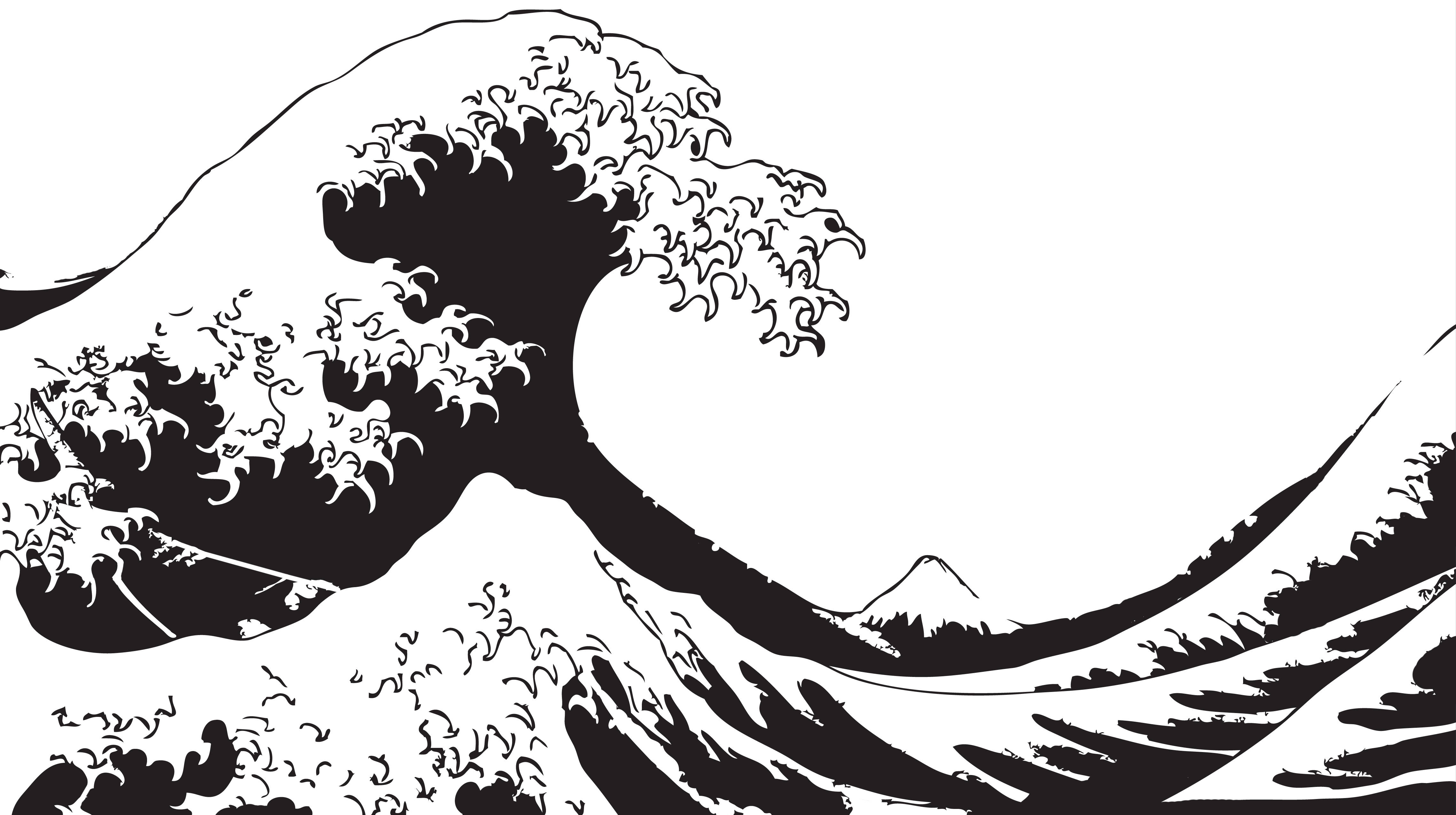 日式海浪 桌布 壁紙 — 一幅大膽的黑白插圖，描繪高聳的海浪破碎，帶有複雜的泡沫細節和背景中的遠山。