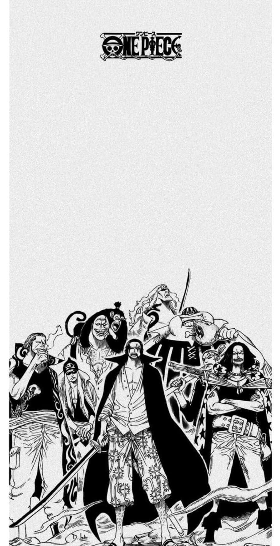 One Piece Manga 桌布 壁紙 — 一幅大膽的黑白漫畫插圖，描繪《航海王》船員拔劍而立，氣勢逼人。