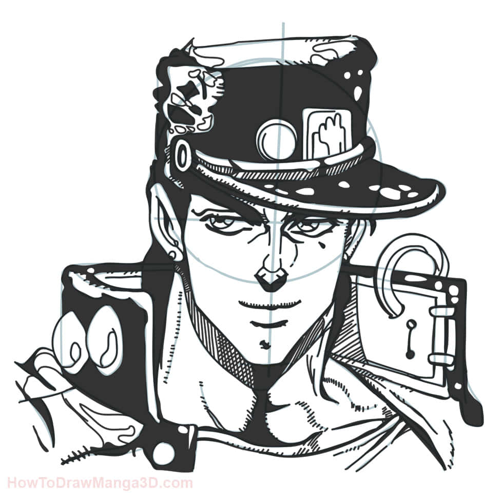 Jotaro 桌布 壁紙 — 一幅大膽的黑白漫畫風格插圖，描繪一個戴著精細帽子和外套的男人，線條複雜。
