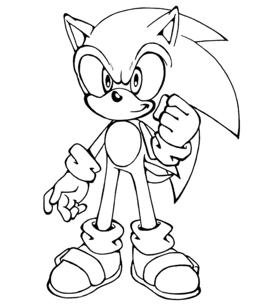 Sonic Coloring 桌布 壁紙 — 一幅大膽的黑白線條藝術作品，描繪了音速小子（Sonic the Hedgehog）自信地站立，一隻拳頭高舉。