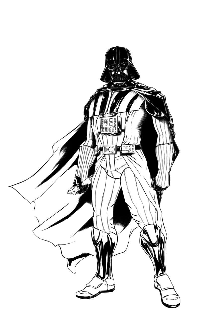The Chosen One 桌布 壁紙 — 一幅大膽的黑白線條藝術插圖，描繪黑武士達斯維達以指揮姿態站立，斗篷飄揚。