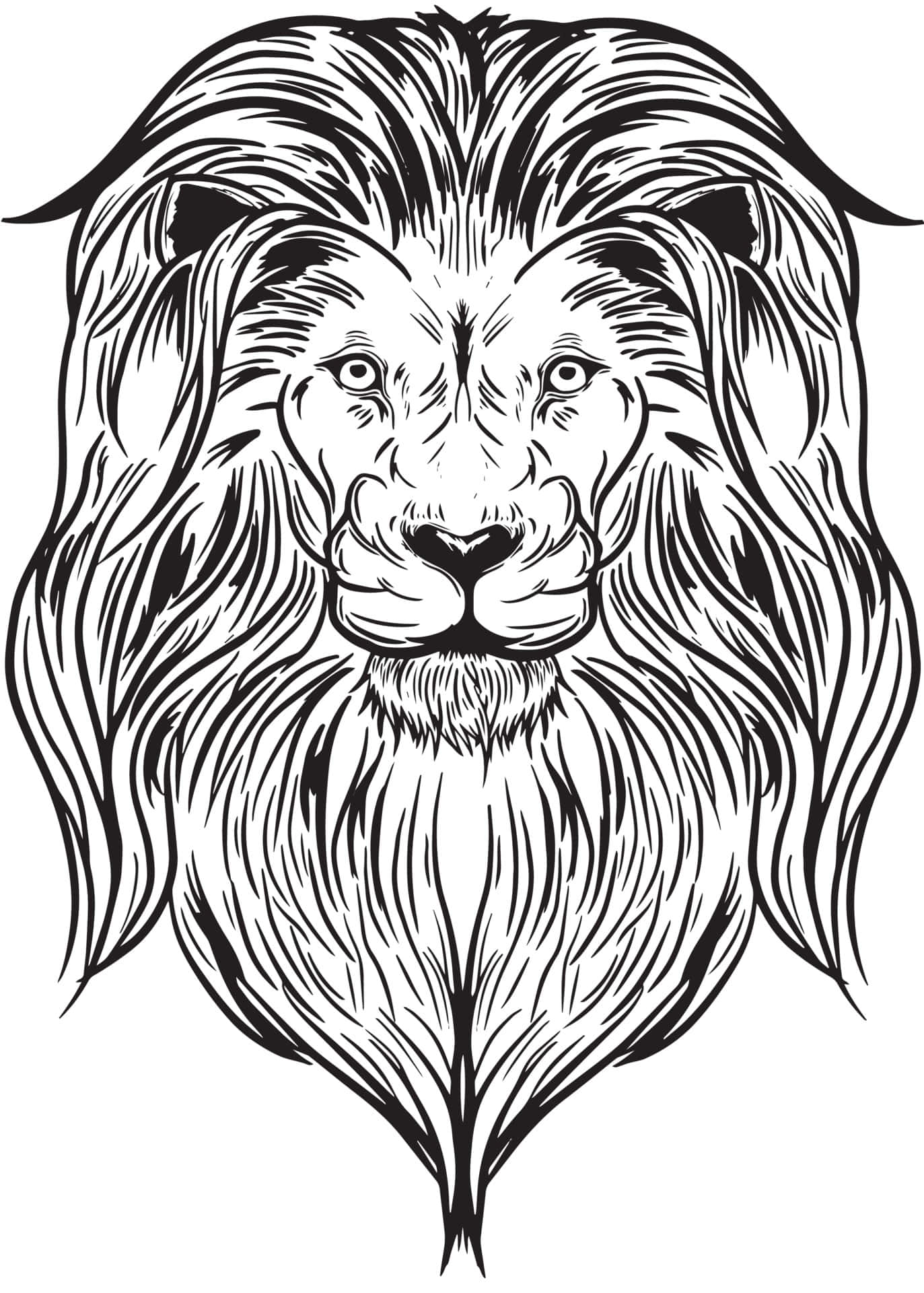 Lion Head 桌布 壁紙 — 一幅大膽的黑白線條藝術插圖，描繪獅子頭部，鬃毛飄逸，目光銳利。