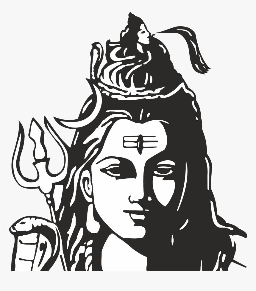 bhole baba 桌布 壁紙 — 一幅大膽的黑白風格化插圖，描繪了濕婆神，帶有三叉戟、蛇冠和第三隻眼。