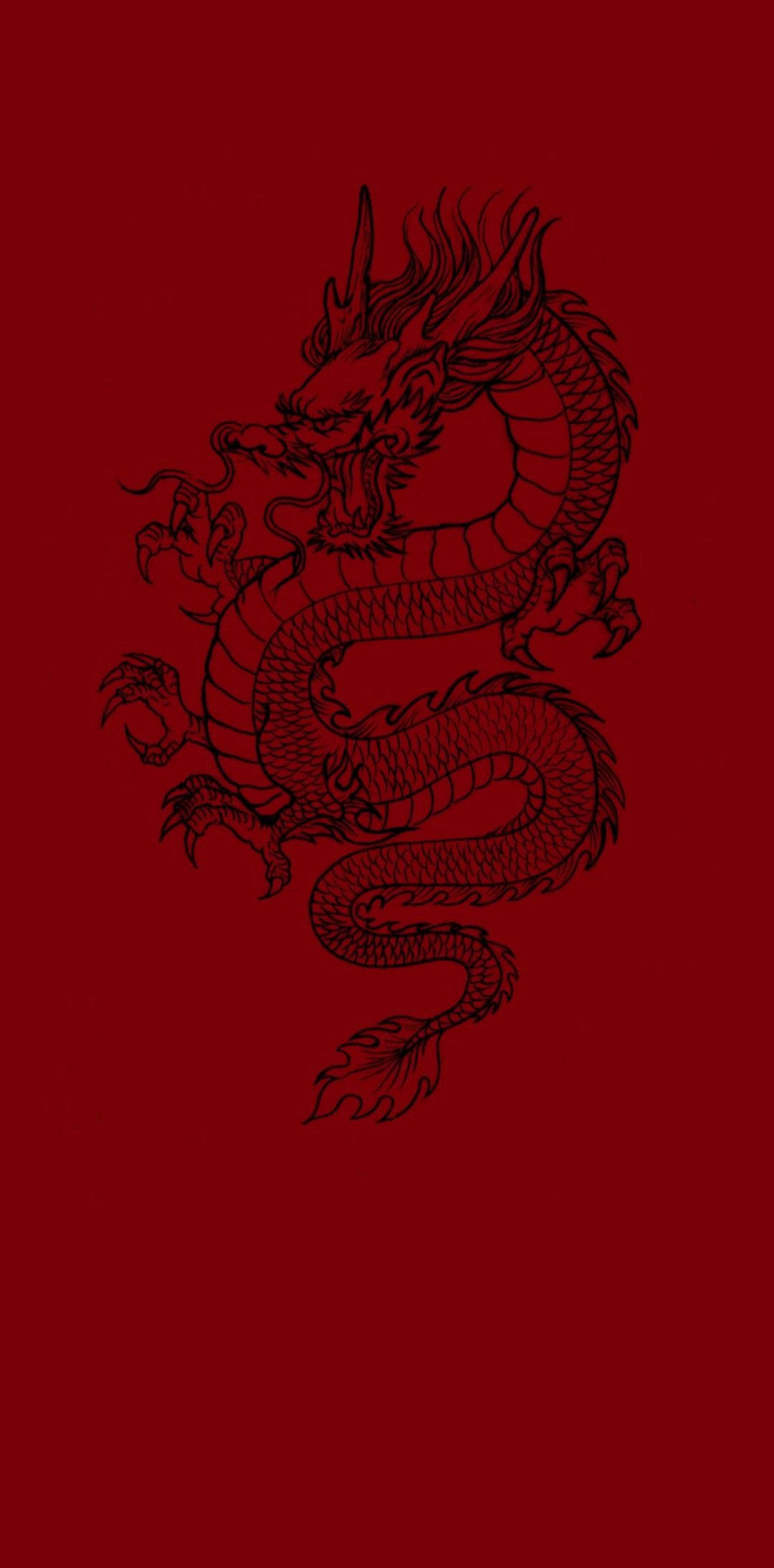龍 桌布 壁紙 — 一幅大膽的黑色線條畫，描繪傳統中國龍在純深紅色背景上動態盤繞。