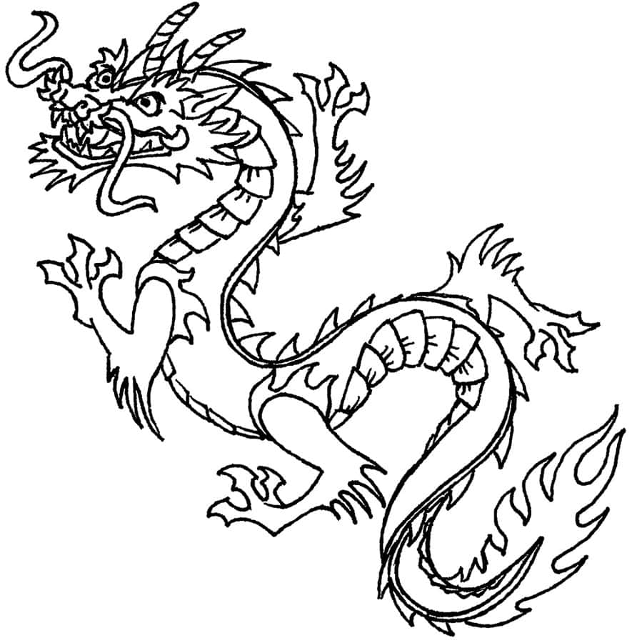 Dragon Coloring 桌布 壁紙 — 一幅大膽的黑色線條畫，描繪傳統中國龍在純白背景上動態盤繞。