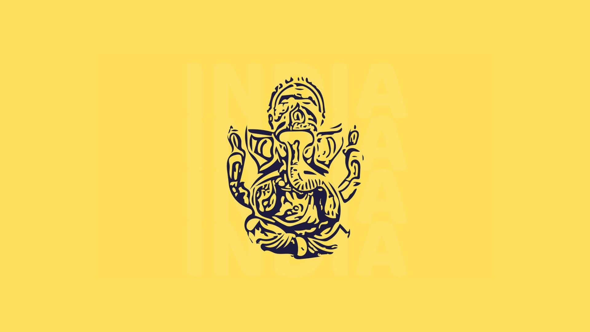 Ganesh 桌布 壁紙 — 一幅大膽的黑色線條藝術插圖，以象神 Lord Ganesha 為中心，置於純黃色背景上，帶有淡淡的「INDIA」浮水印。