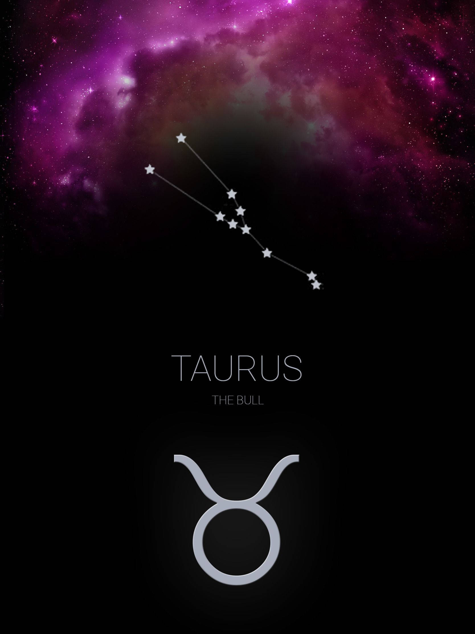 zodiac 桌布 壁紙 — 一幅天體圖在充滿活力的紫色星雲背景下，以發光的星星和下方的公牛符號突出金牛座。
