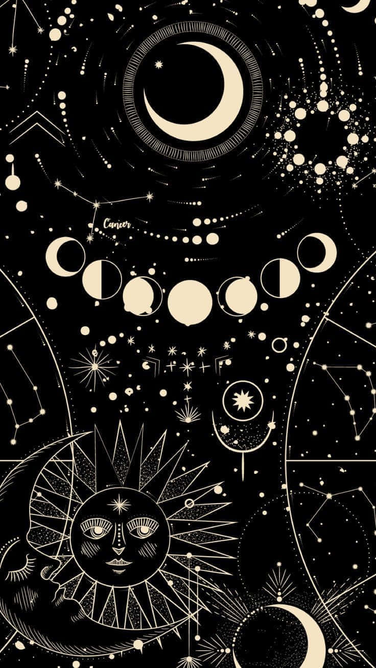 Constellations 桌布 壁紙 — 一幅天體插圖，描繪微笑的太陽、新月、月相和星座，背景為黑色。
