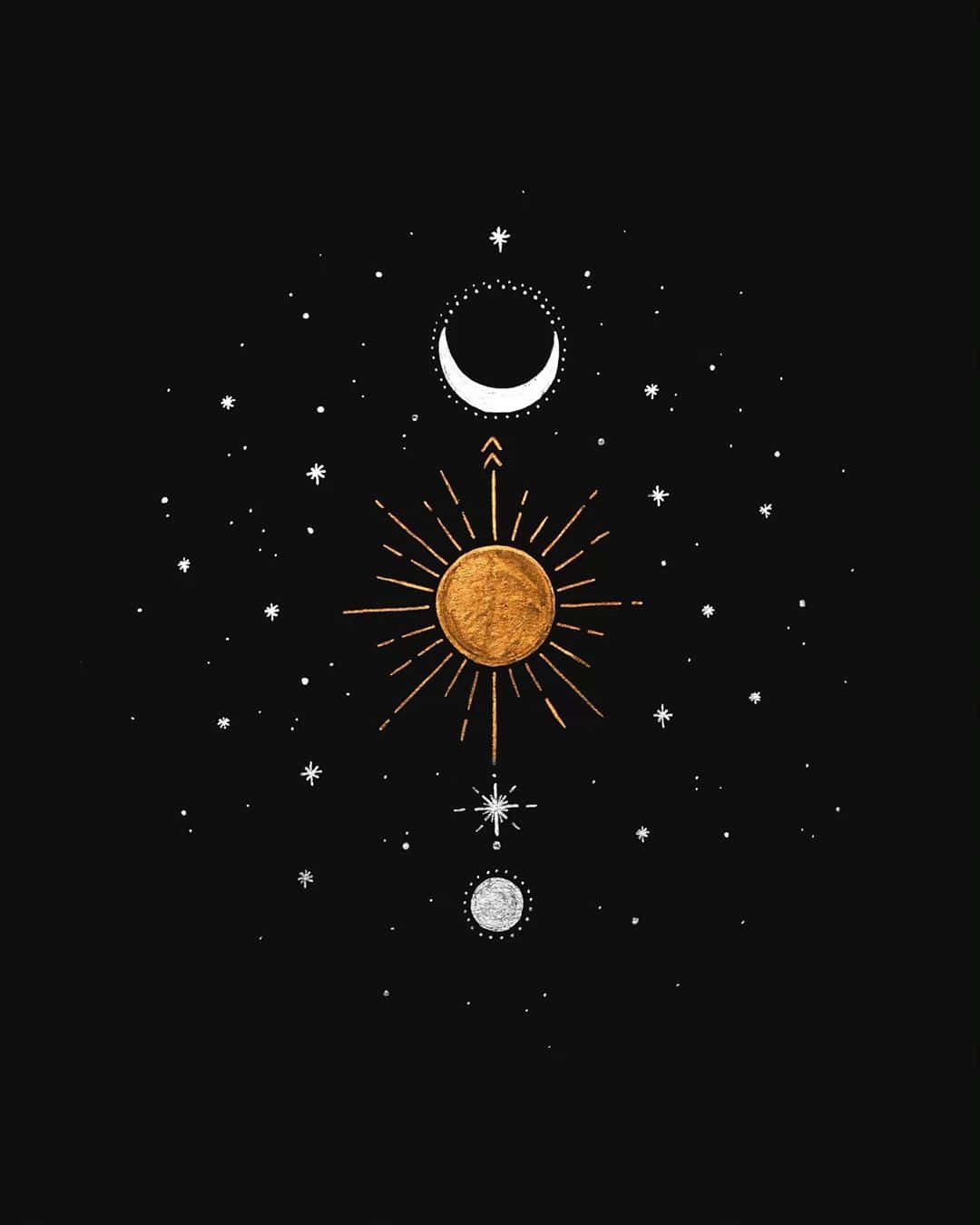Sun And Moon Aesthetic 桌布 壁紙 — 一幅天體插圖顯示金色太陽、新月和銀色行星在繁星點點的黑色背景上垂直排列。
