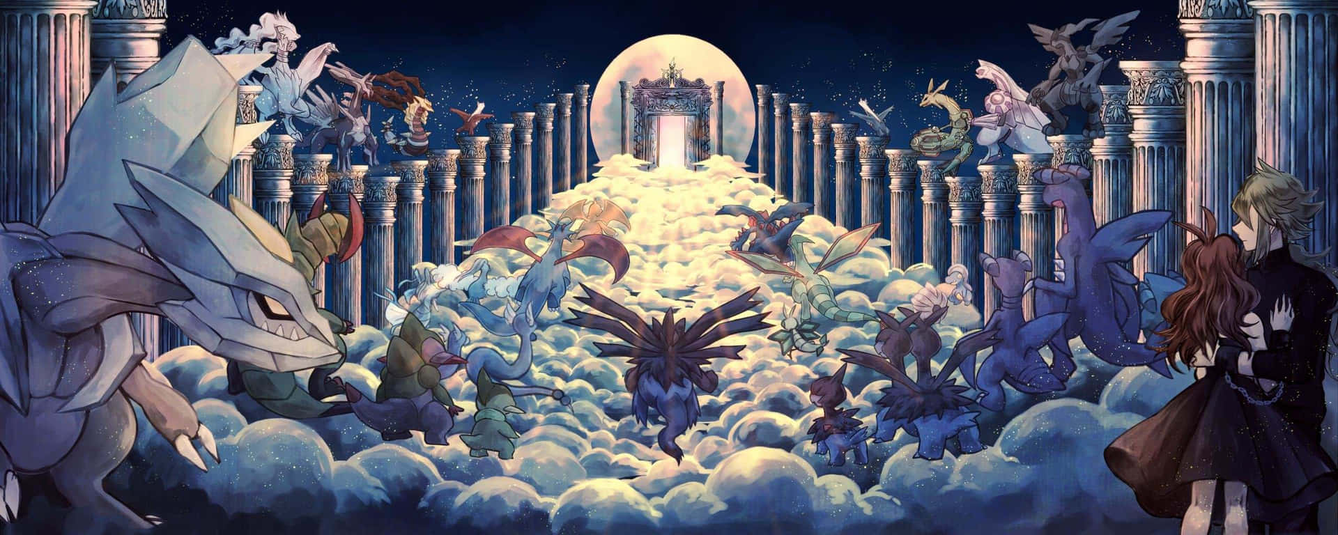在月光下的天空中，一對情侶在龍和雲的奇幻場景中擁抱。 — 天堂 壁紙