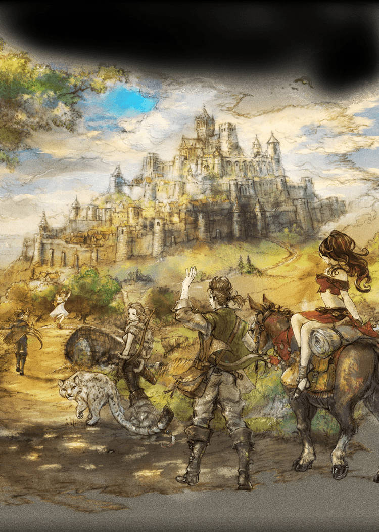 Traveler 桌布 壁紙 — 一幅奇幻插圖顯示冒險者帶著貓和馬在陰天接近遠處的城堡。