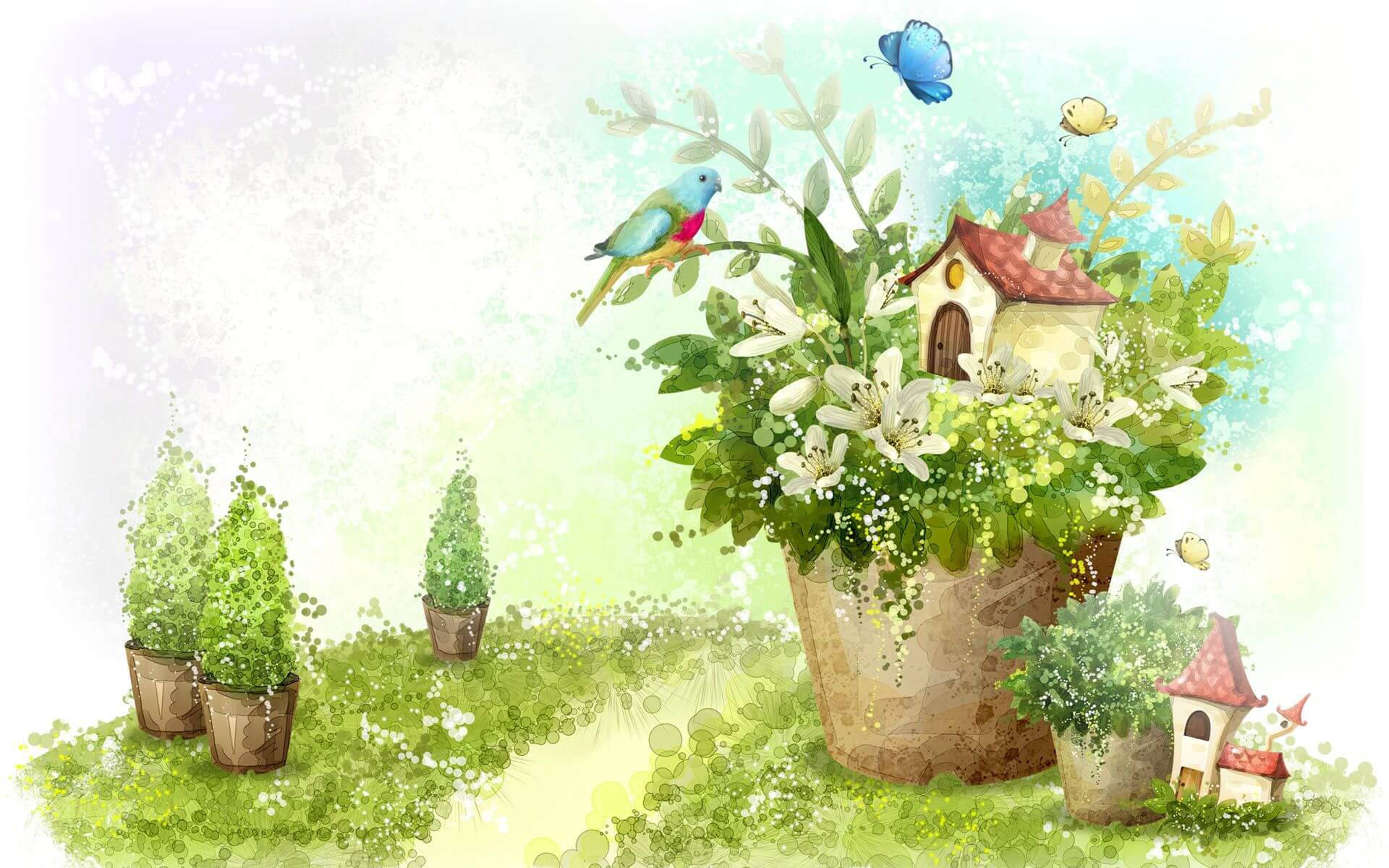 Drawing 桌布 壁紙 — 一幅奇幻水彩場景，展示一個巨型花盆內藏著一間小屋，鳥兒和蝴蝶在茂密綠植周圍飛舞。