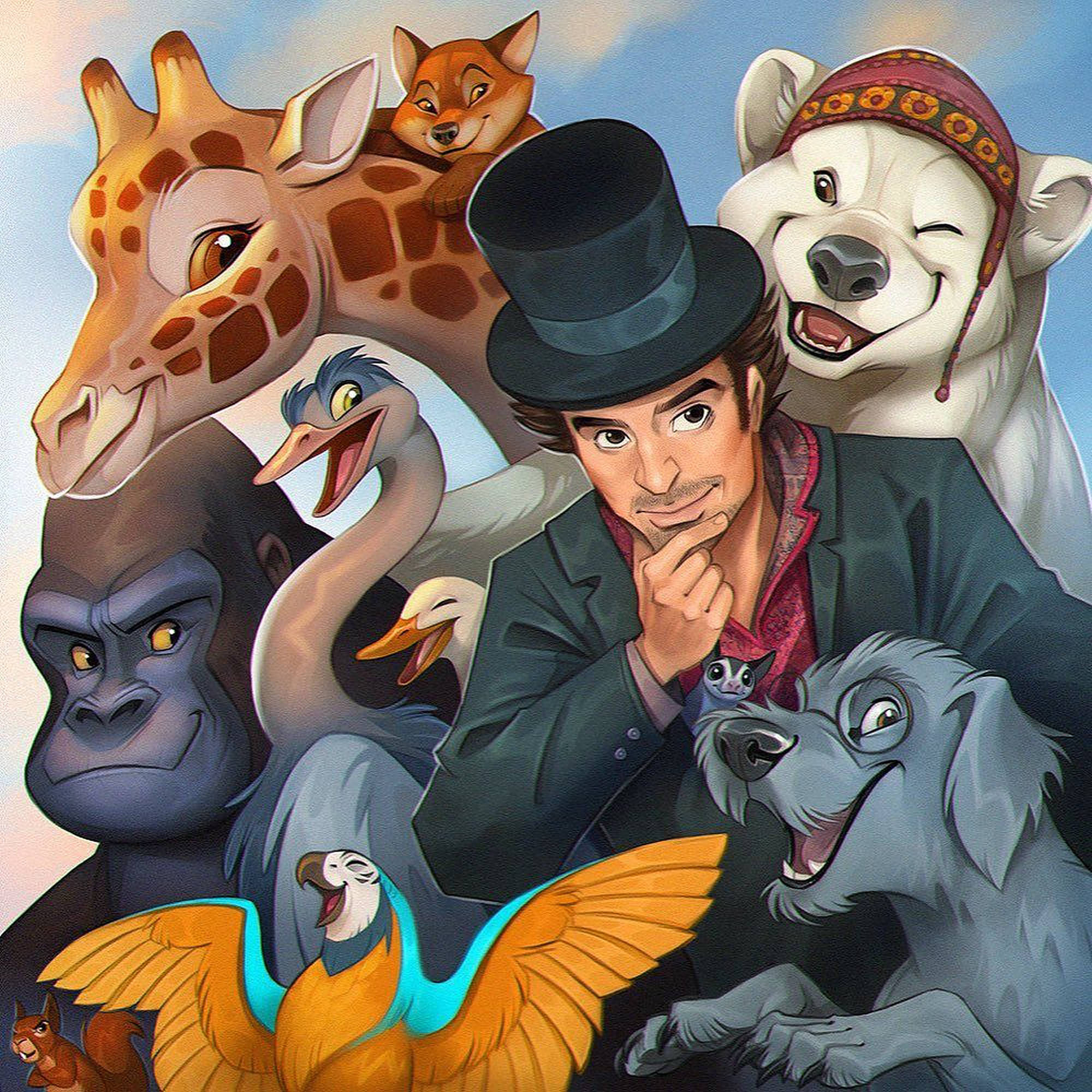 dolittle 桌布 壁紙 — 一幅奇幻的數位插圖，描繪一位戴著高帽子的男士，周圍環繞著各種擬人化動物，包括長頸鹿、大猩猩和鸚鵡。
