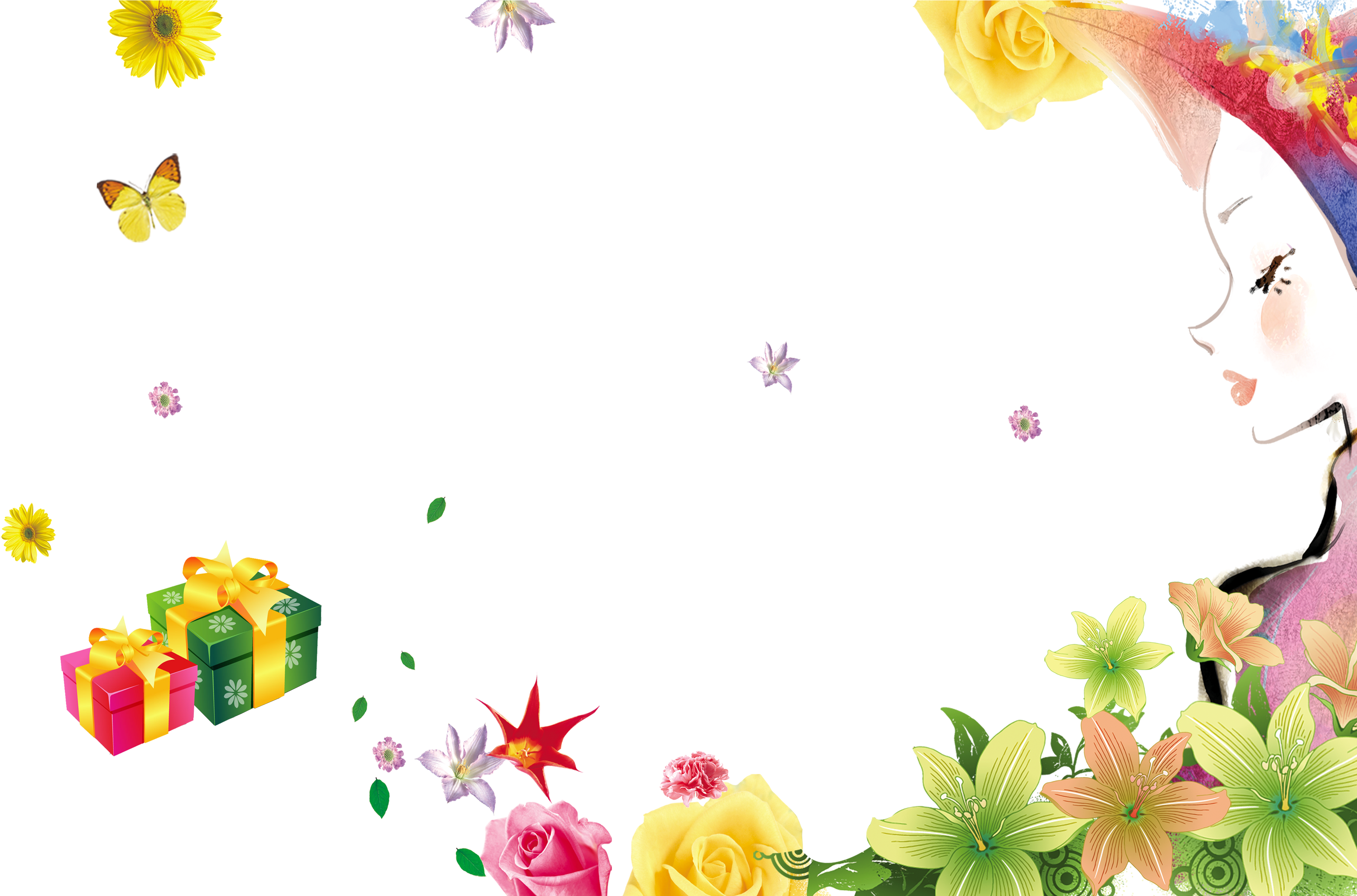 International Womens Day 桌布 壁紙 — 一幅奇幻的數位插圖，描繪一個微笑的月亮女孩，被色彩繽紛的花朵、蝴蝶和禮物盒環繞，背景為黑色。