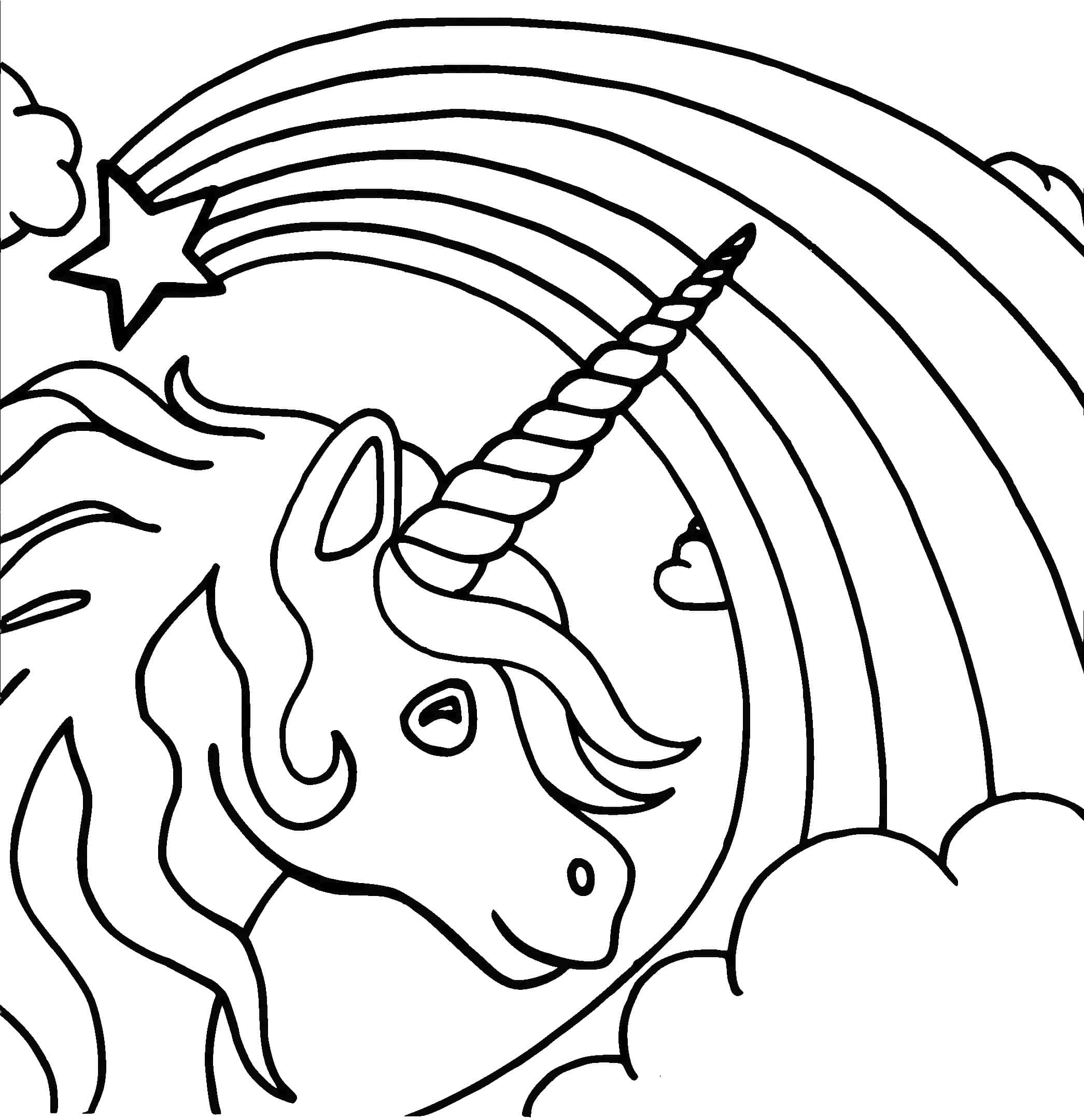 獨角獸 桌布 壁紙 — 一幅奇幻的線條畫，描繪一個帶有螺旋角的獨角獸頭部，背景是彩虹、雲朵和一顆星星。