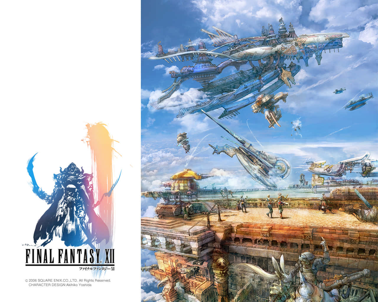 Final Fantasy Xii 桌布 壁紙 — 一幅奇幻藝術作品，描繪了浮空城市景觀、飛船和戰士剪影，背景是充滿活力的天空。