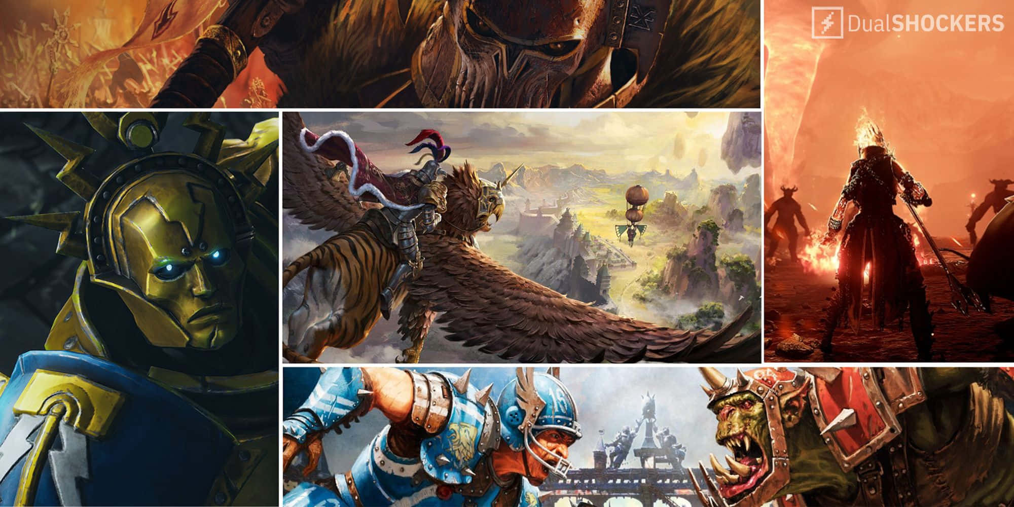 Fantasy Games 桌布 壁紙 — 一幅奇幻遊戲藝術拼貼畫，描繪了身穿盔甲的戰士、有翼野獸以及熾熱風景中的史詩戰鬥場景。