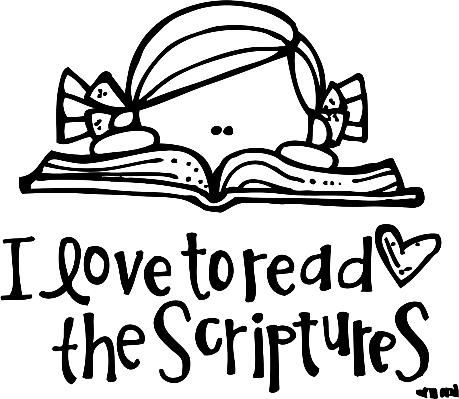 Open Bible 桌布 壁紙 — 一幅奇思妙想的黑白線條畫，描繪一本打開的書，帶有笑臉和蝴蝶翅膀。
