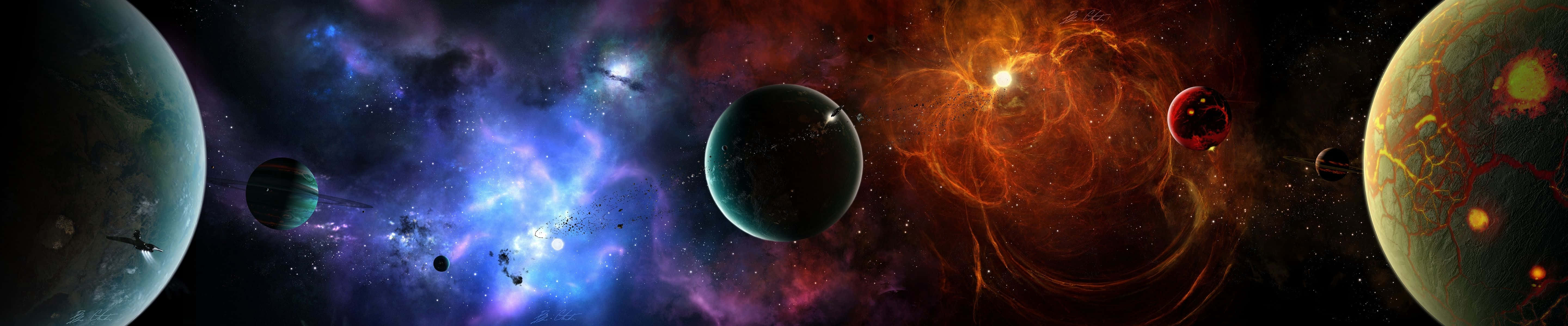 太空 桌布 壁紙 — 一幅宇宙全景，展示色彩鮮豔的星雲發出藍色和橙色光芒，以及各種色調的行星漂浮在深空中。