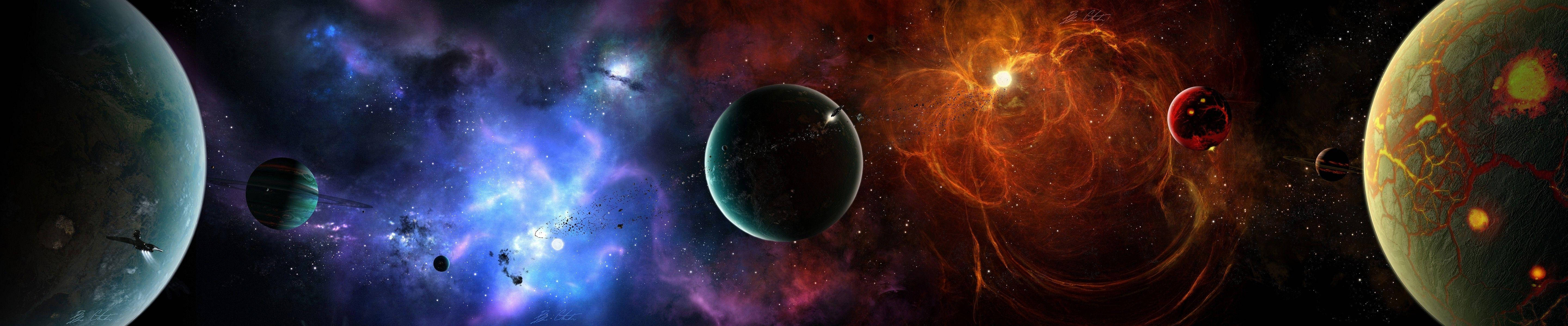 太陽系 桌布 壁紙 — 一幅宇宙全景圖，展現了發出藍色和橙色光芒的鮮豔星雲，以及漂浮在深空中的各種色調的行星。