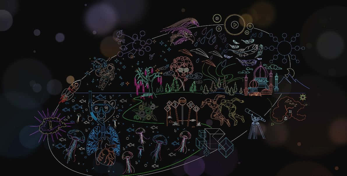 biology 桌布 壁紙 — 一幅宇宙抽象插圖，帶有發光霓虹輪廓的動物、植物和符號，漂浮在黑暗的散景背景上。