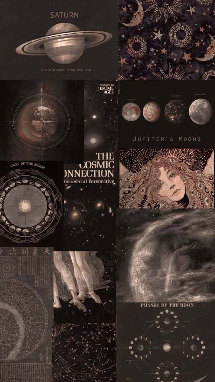 astrology 桌布 壁紙 — 一幅宇宙拼貼畫，以棕褐色調呈現土星、木星、衛星、天體圖以及星形圖案中的神秘女子。