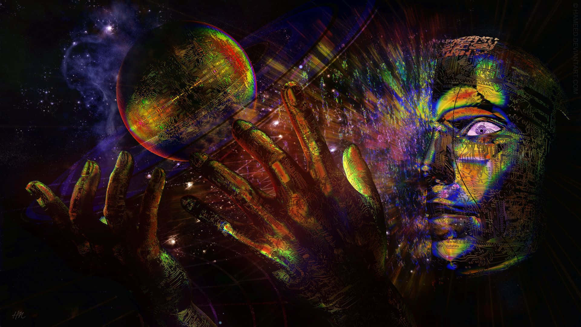 Trippy Space 桌布 壁紙 — 一幅宇宙數位藝術肖像，描繪一張臉和一雙手在繁星點點的太空背景下伸向一顆發光的行星。