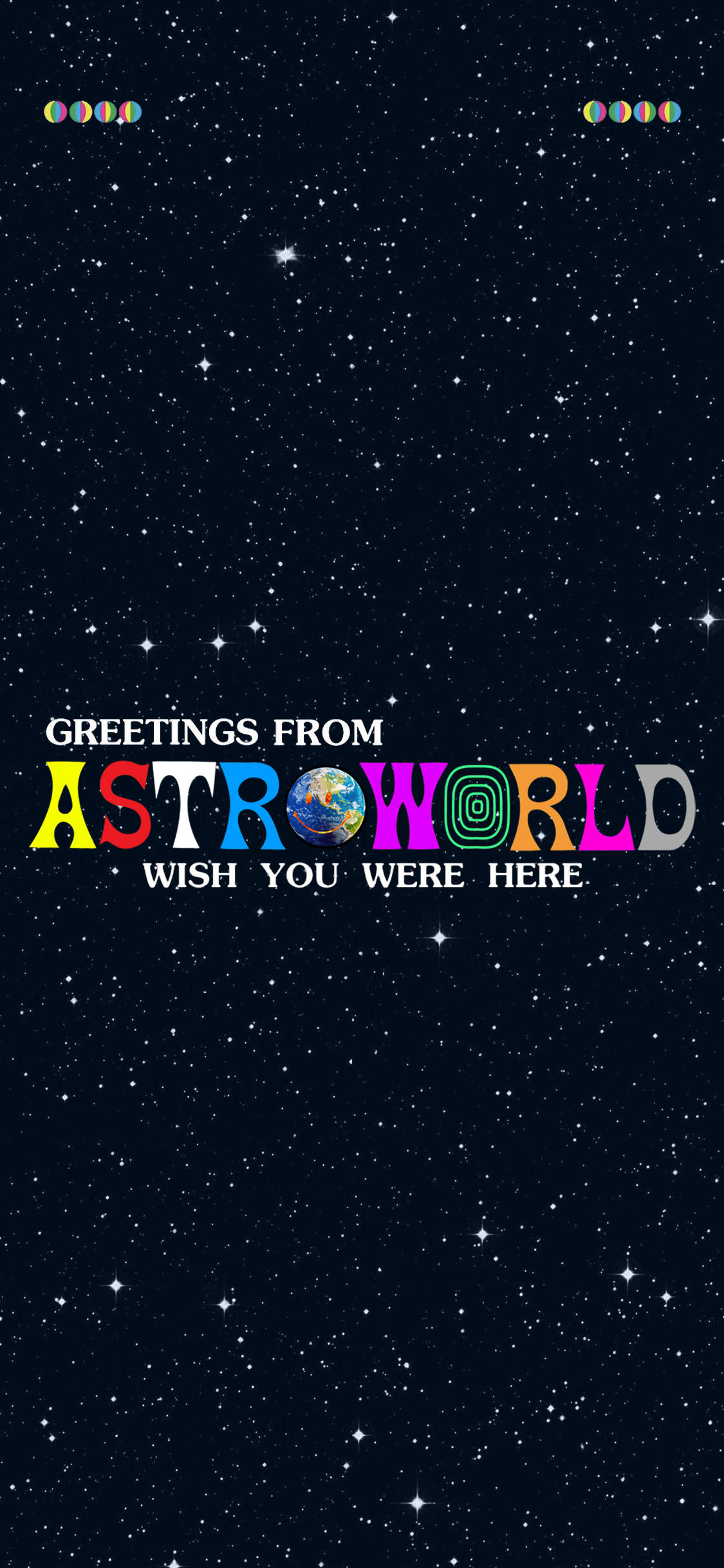 崔維斯·史考特 桌布 壁紙 — 一幅宇宙風格桌布，以星空夜空和色彩繽紛的「Greetings from AstroWorld」文字為特色，字母O中有一個地球儀。