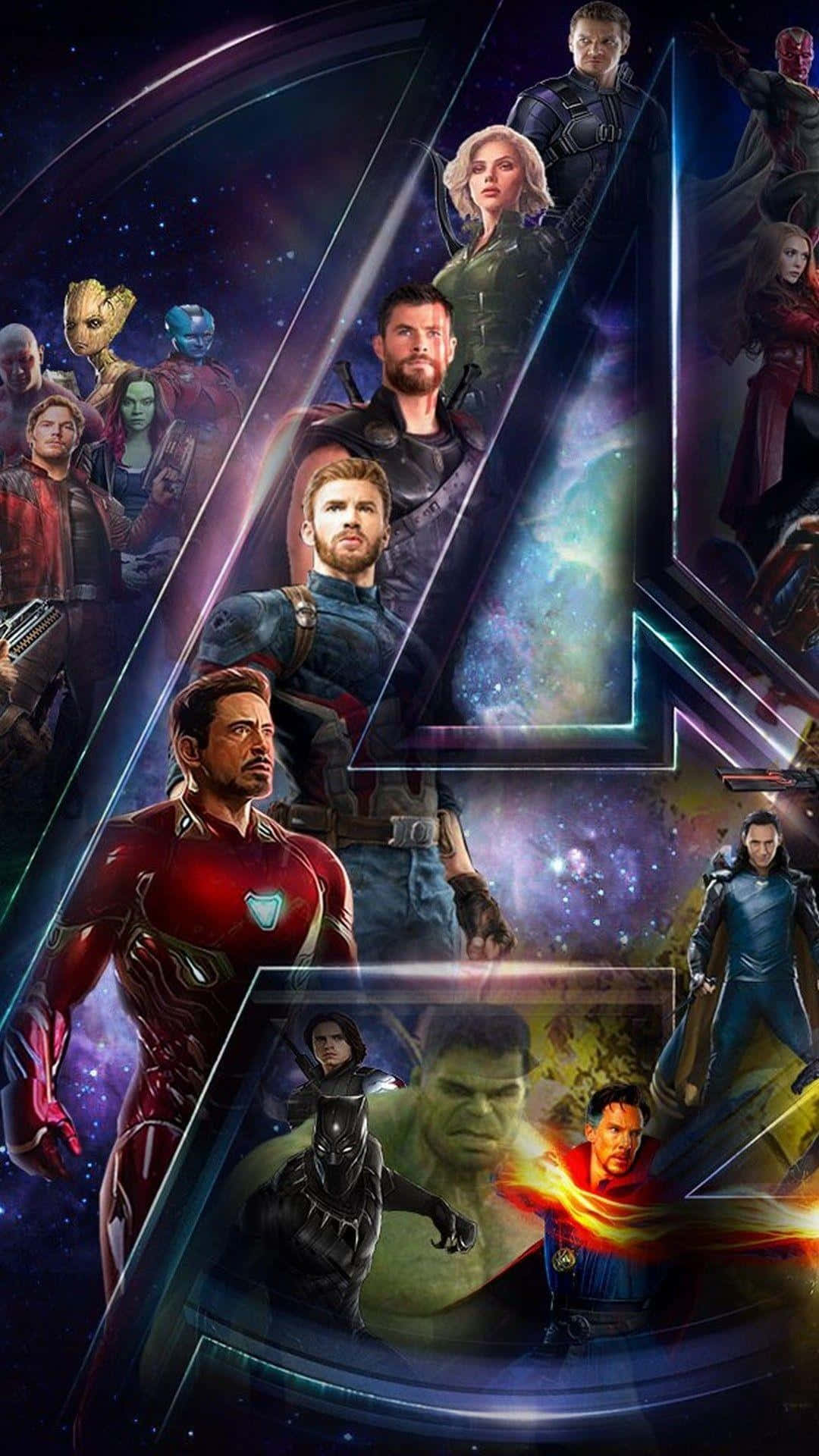 Avengers Endgame iPhone 桌布 壁紙 — 一幅宇宙風格的復仇者聯盟英雄拼貼畫，在星光閃爍的太空背景下動態擺出姿勢，並帶有發光的能量效果。