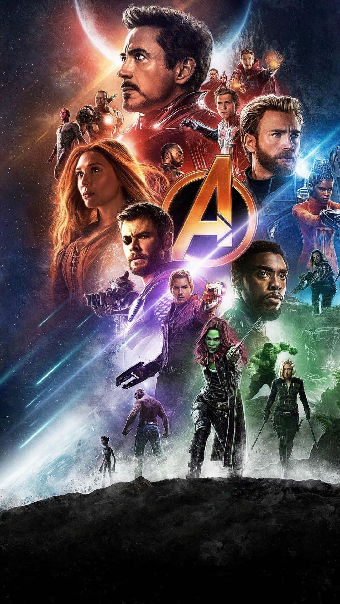 Avengers Endgame iPhone 桌布 壁紙 — 一幅宇宙風格的復仇者聯盟英雄拼貼畫，以動感姿態呈現，背景是星光點點的星雲，並帶有發光能量效果。