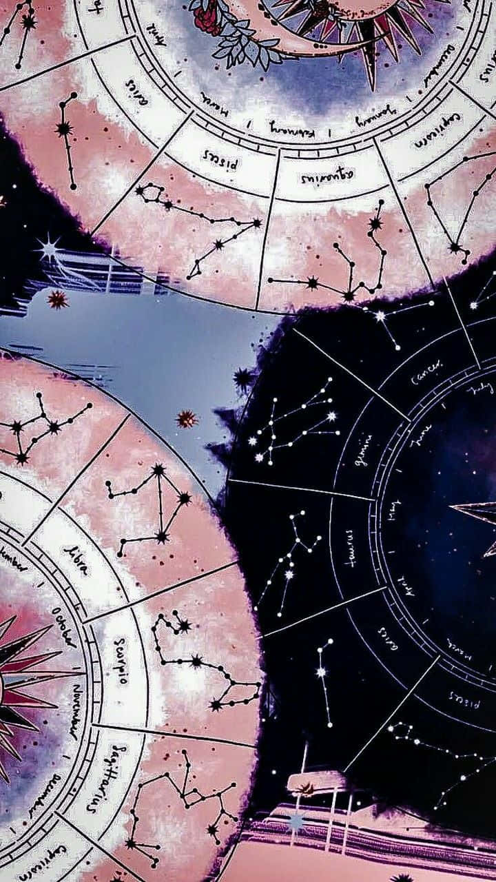 Virgo Aesthetic 桌布 壁紙 — 一幅宇宙風格的插圖，描繪了在粉紅色和海軍藍色調的天球上繪製的黃道十二宮星座。