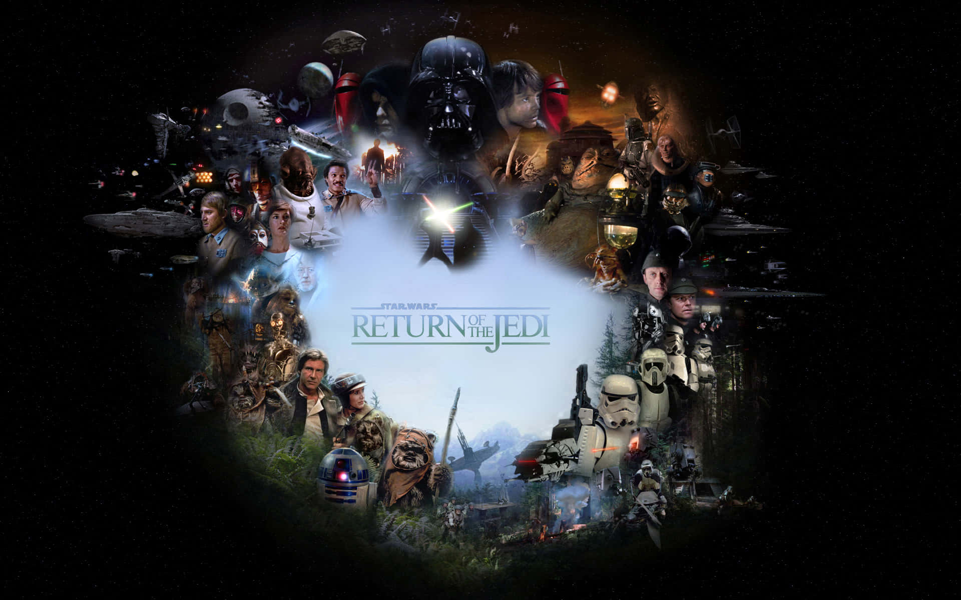 Return Of The Jedi 桌布 壁紙 — 一幅宇宙風格的星戰角色和飛船拼貼畫，來自《星際大戰：絕地大反攻》，在黑暗星空中閃耀。