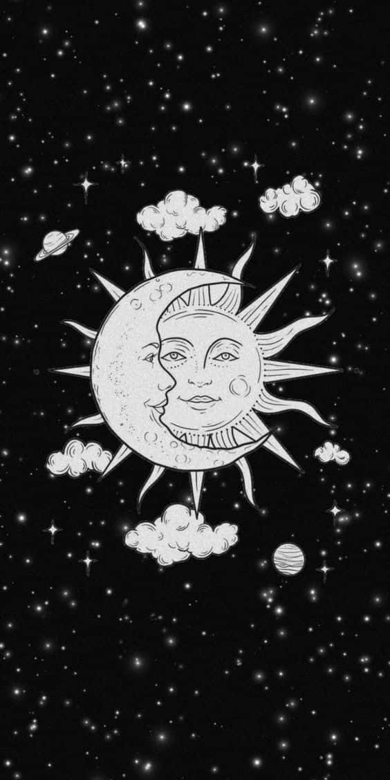 Sun And Moon Aesthetic 桌布 壁紙 — 一幅宇宙風格的黑白插圖，描繪了帶有面孔的風格化太陽和月亮在星星、雲朵和行星之間擁抱。