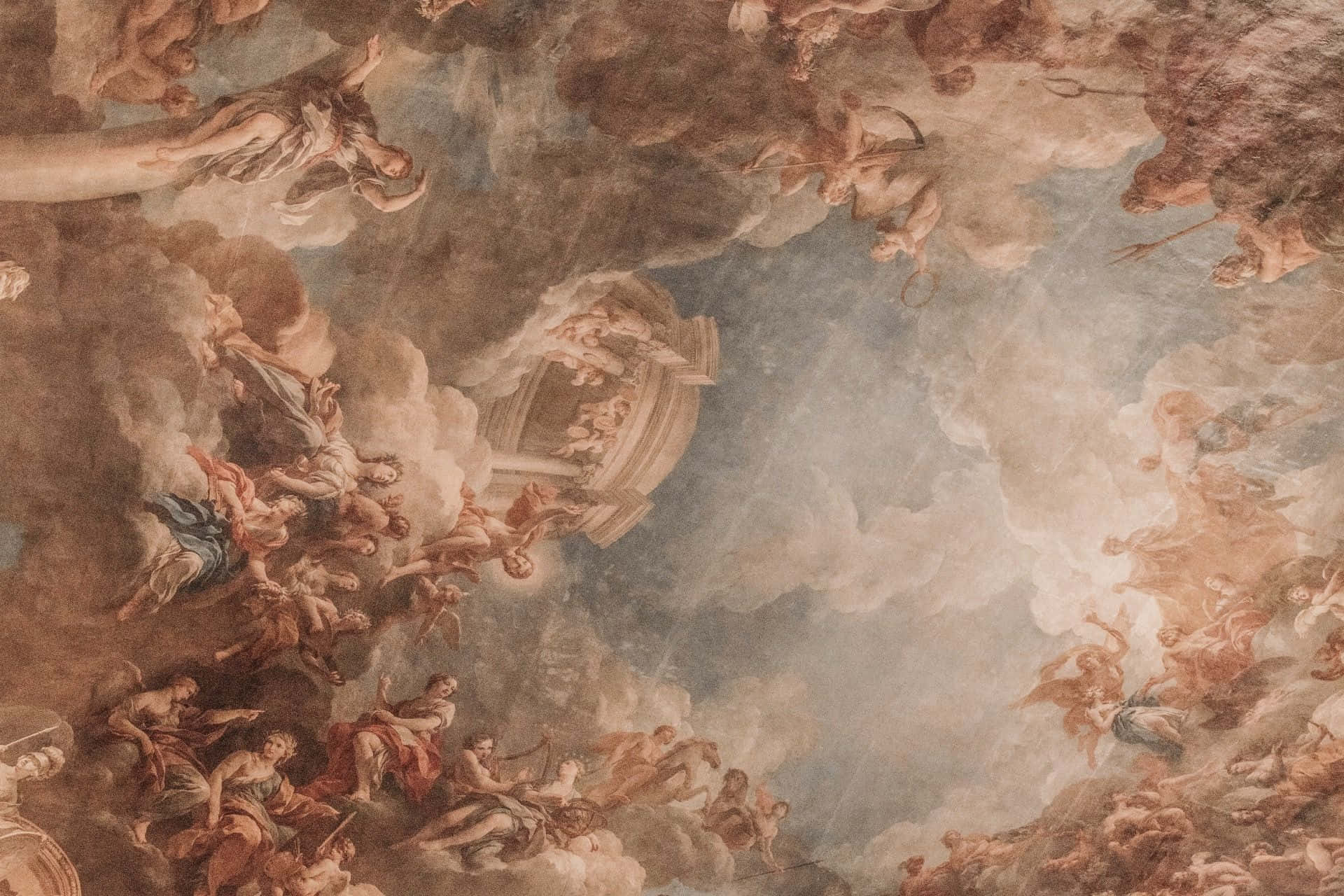 Renaissance 桌布 壁紙 — 一幅宏偉的巴洛克天花板壁畫描繪了眾多神話人物在戲劇性的雲層中旋轉的天堂場景。