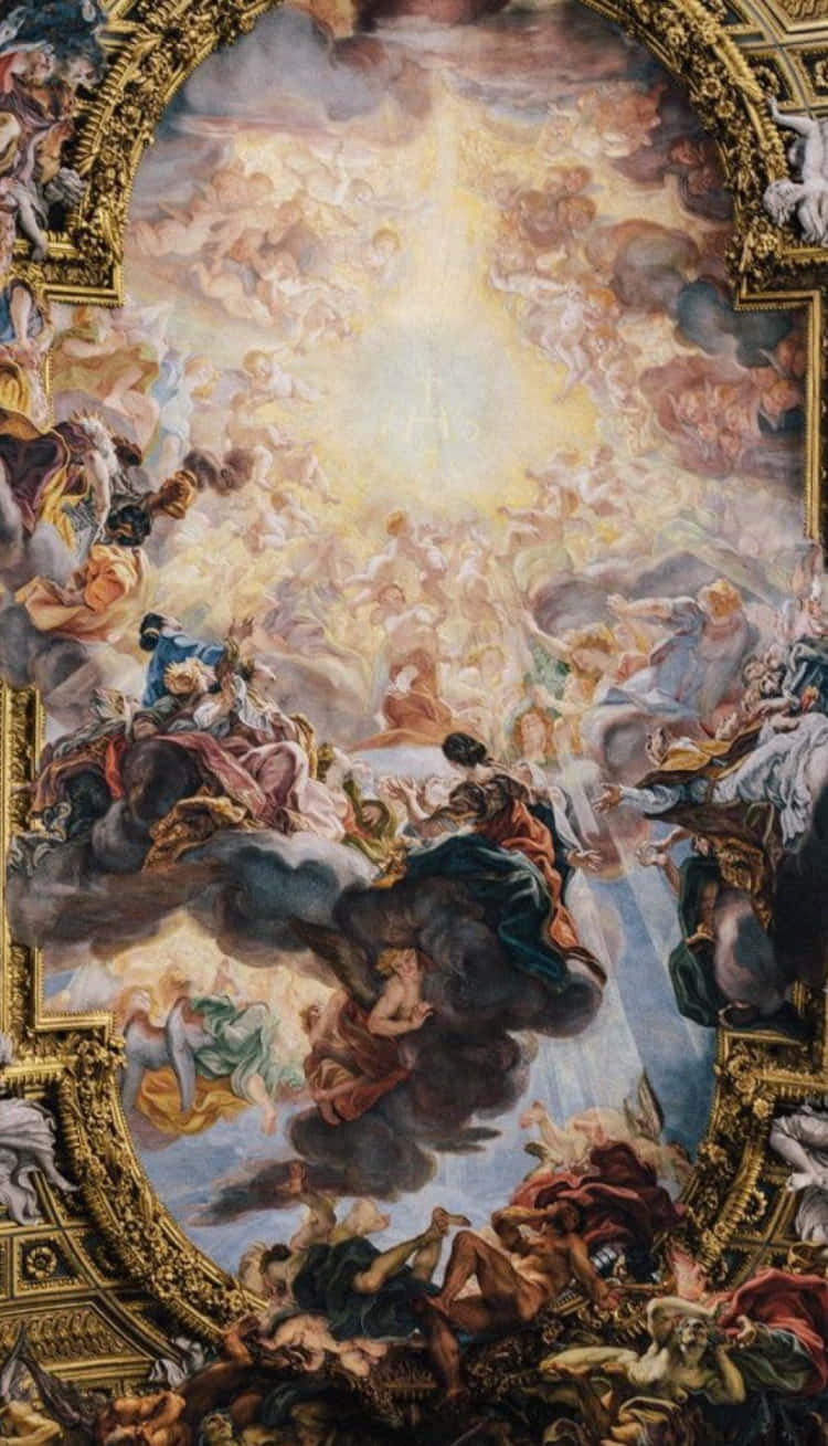 Renaissance 桌布 壁紙 — 一幅宏偉的巴洛克式天花板壁畫描繪神聖人物在雲端上升，朝向由華麗金色裝飾框起的燦爛天堂之光。