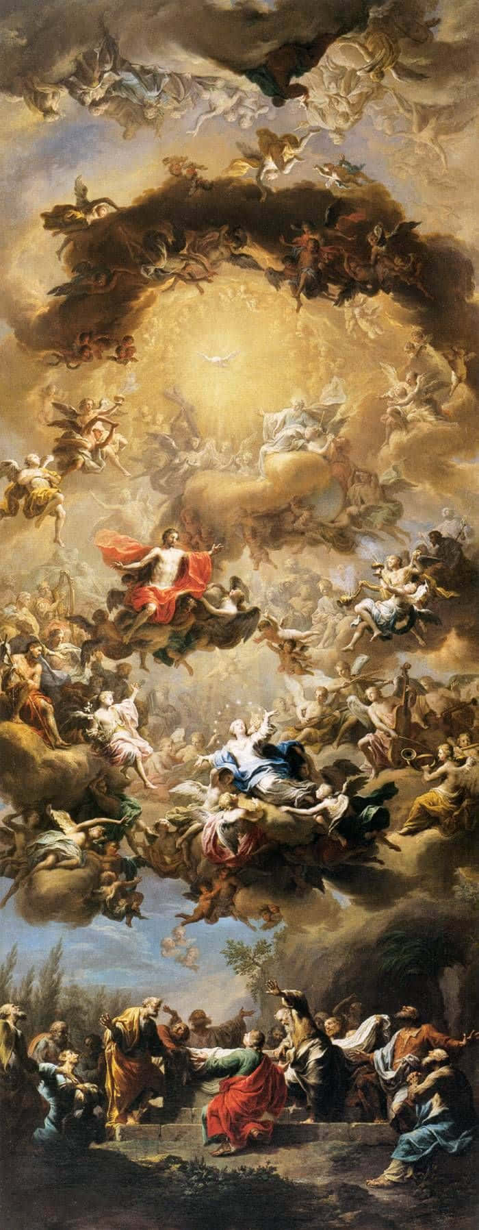 Religious Art 桌布 壁紙 — 一幅宏偉的巴洛克繪畫描繪了一個神聖的天堂場景，天使和聖人在一束光芒四射的光線周圍盤旋，下方是一群在森林景觀中的塵世人物。