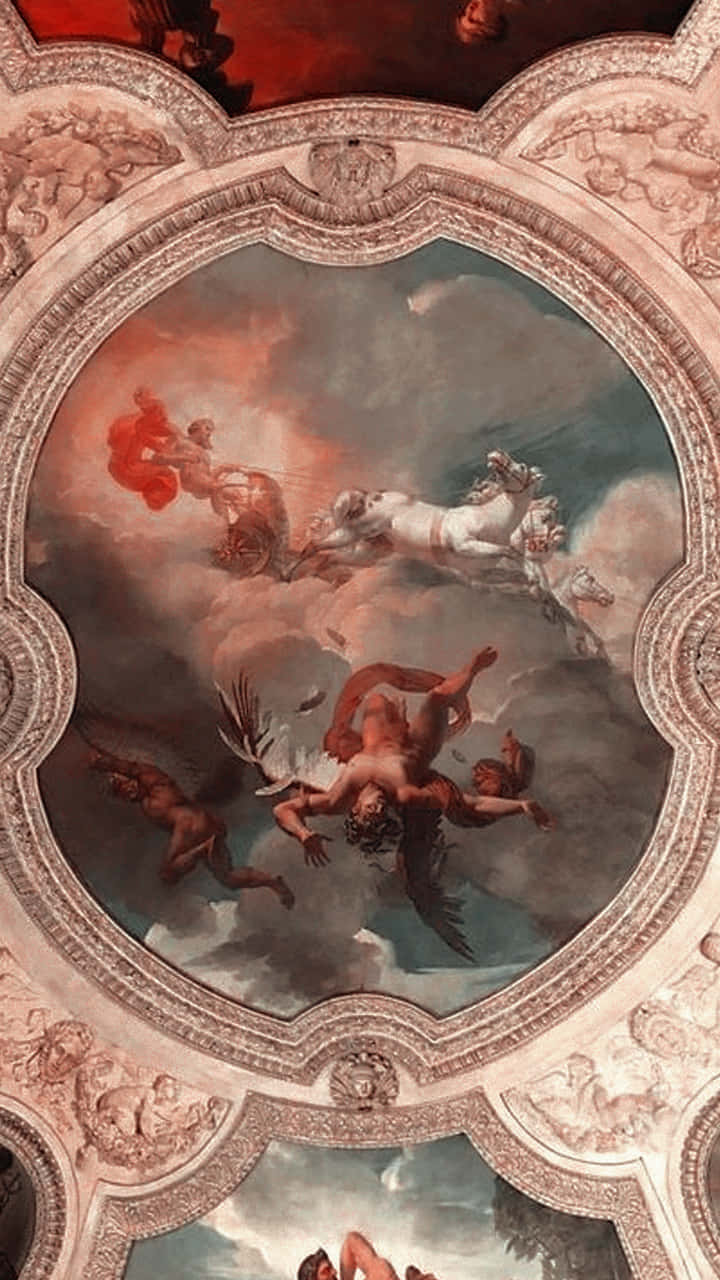 Renaissance 桌布 壁紙 — 一幅宏偉的巴洛克風格天花板壁畫描繪了神話人物在旋轉的雲朵和華麗的建築框架中動態移動。