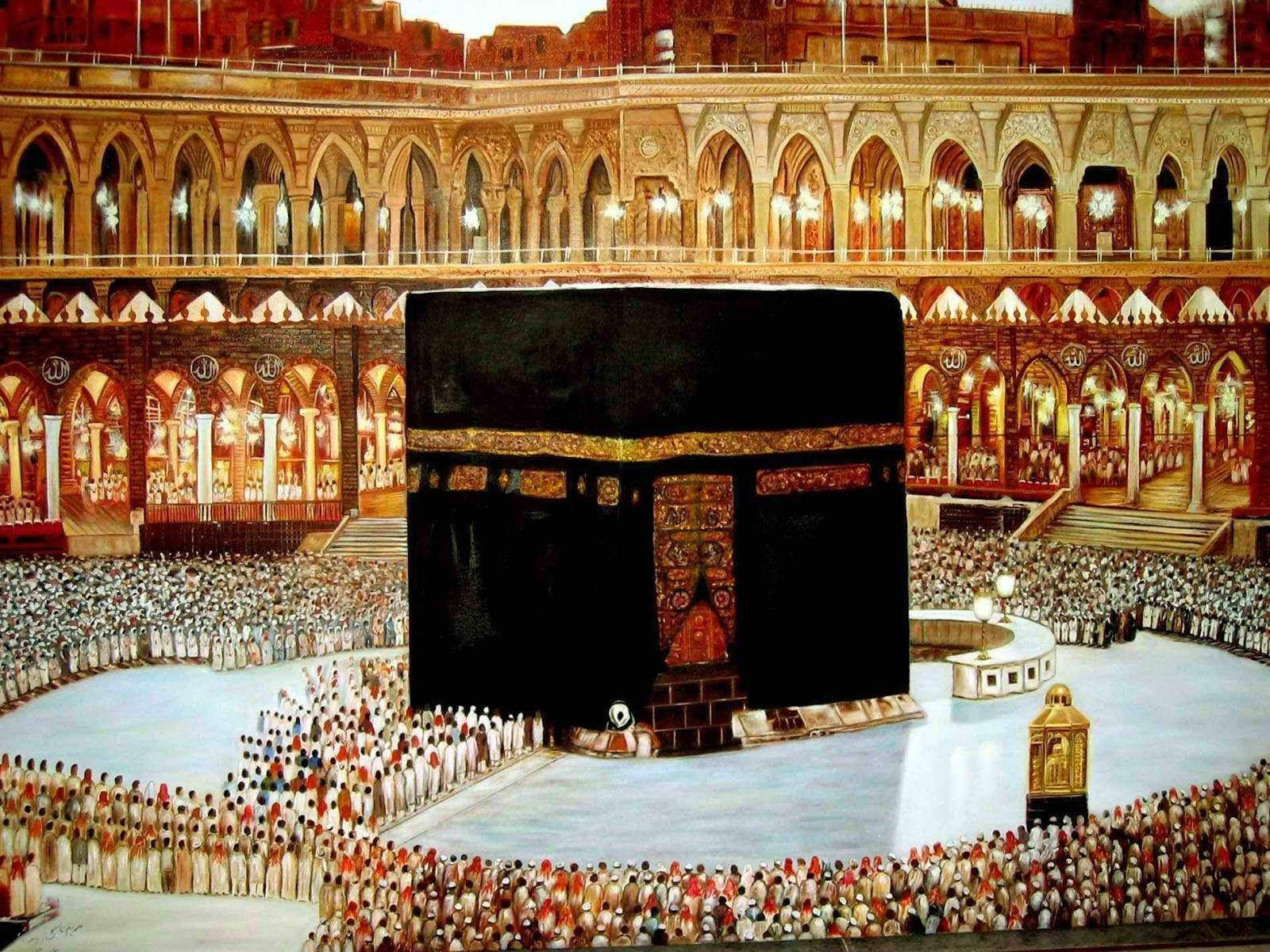 Makkah 桌布 壁紙 — 一幅宏偉的插圖，描繪了天房被成千上萬的朝聖者包圍，位於一座寬敞華麗、擁有拱形長廊和金色點綴的清真寺中。