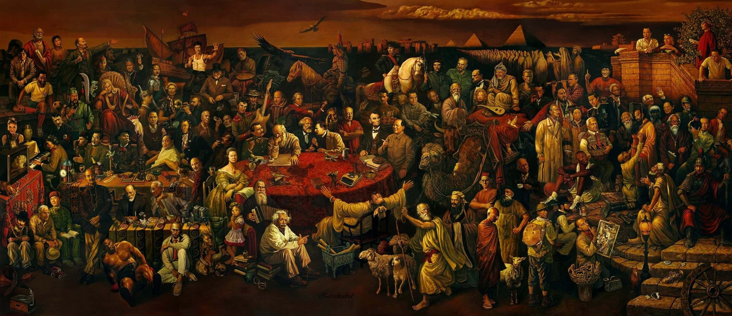 Party 桌布 壁紙 — 一幅宏偉的歷史畫描繪了一個擁擠的場景，許多穿著時代服裝的人物在戲劇性的天空下聚集在一張中央桌子周圍。
